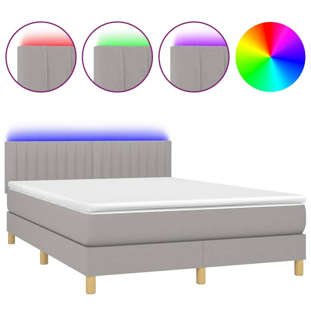 vidaXL Boxspringbett mit Matratze & LED Hellgrau 140x190 cm Stoff