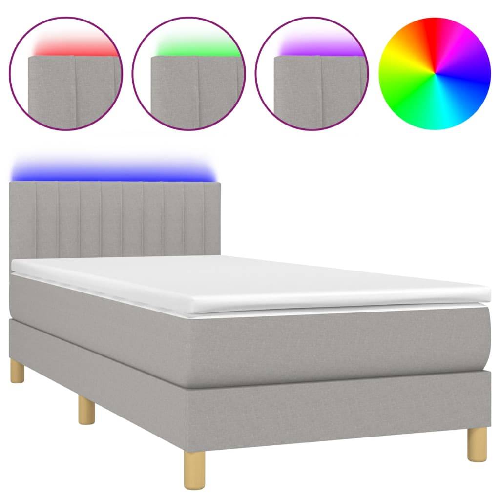vidaXL Boxspringbett mit Matratze & LED Hellgrau 100x200 cm Stoff