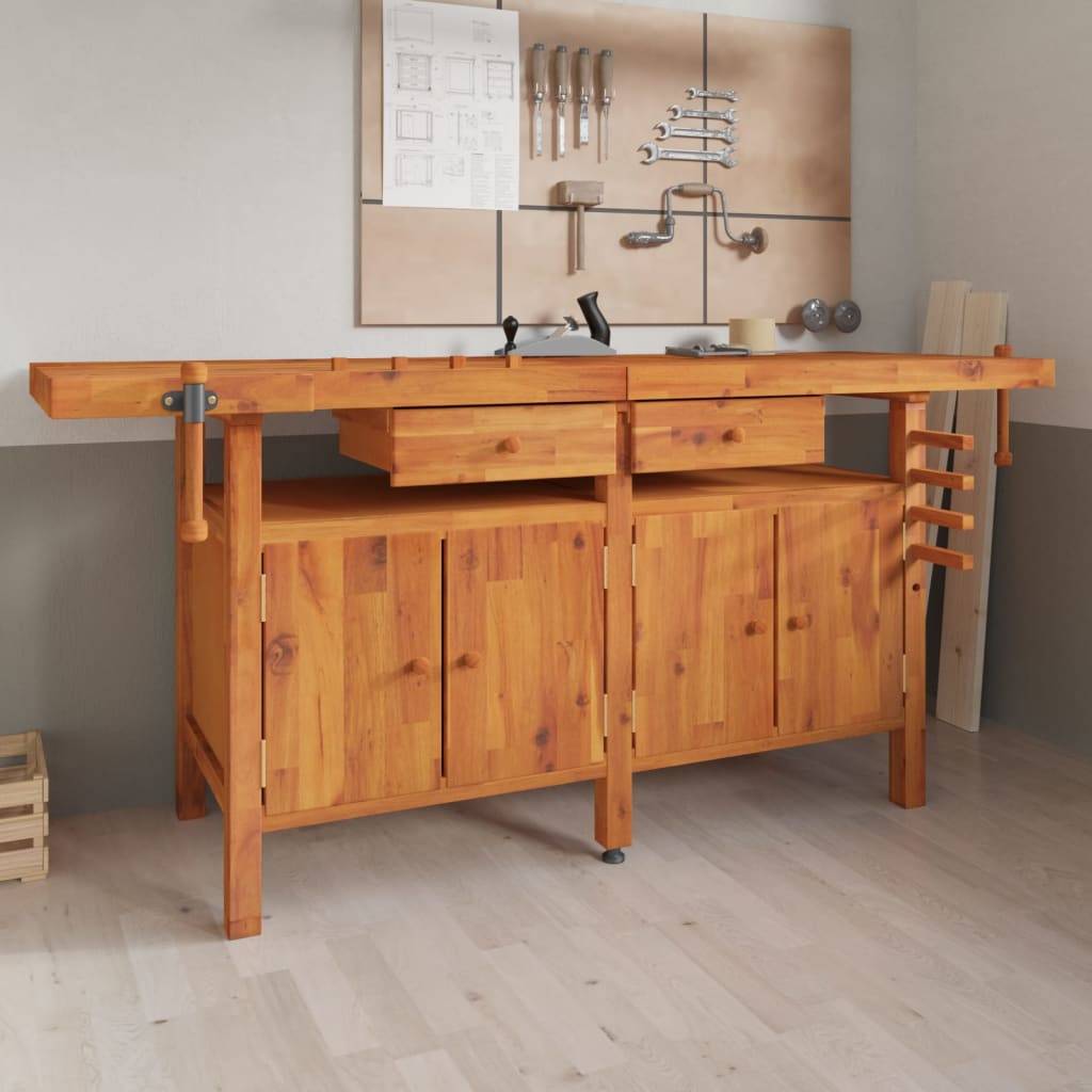 vidaXL Werkbank mit Schubladen Schraubstöcken 192x62x83 cm Akazienholz