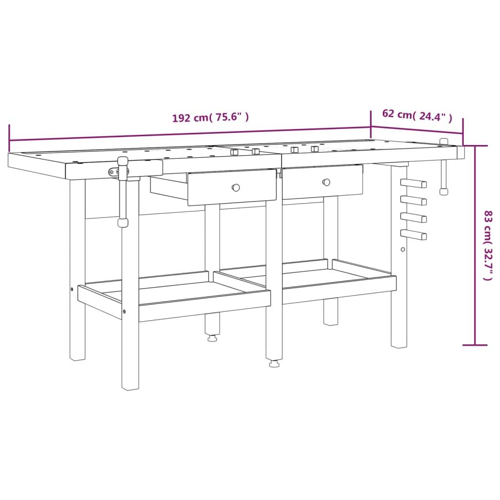 vidaXL Werkbank mit Schubladen Schraubstöcken 192x62x83 cm Akazienholz