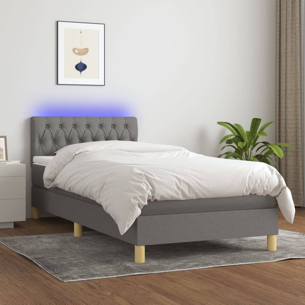 vidaXL Boxspringbett mit Matratze & LED Dunkelgrau 90x200 cm Stoff