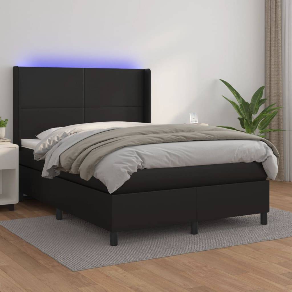 vidaXL Boxspringbett mit Matratze & LED Schwarz 140x200 cm Kunstleder