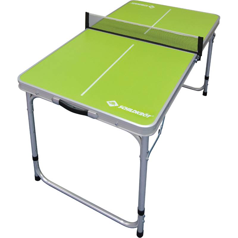 Ein kleiner, tragbarer Tischtennistisch mit einer grünen Oberfläche und klappbaren Beinen. Ein Netz teilt den Tisch in zwei Spielseiten.