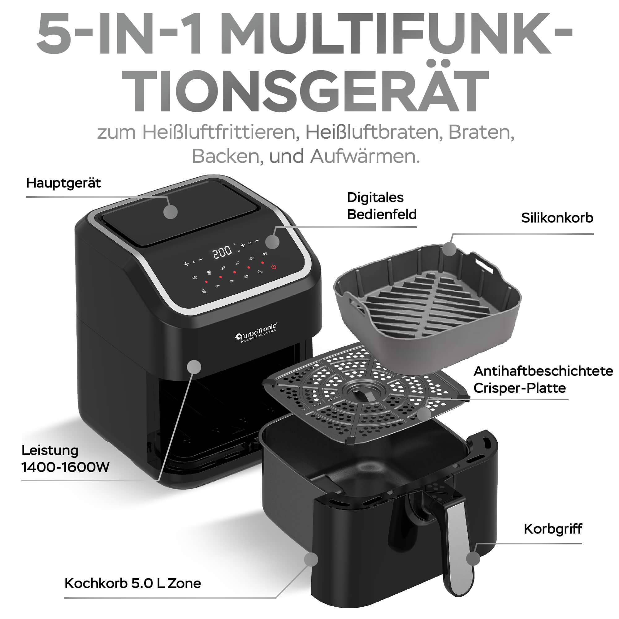 Heissluftfritteuse XL, 5 Liter - AF12 - digitale XL Heißluftfritteuse, 10 Programme, Airfryer, Fritteuse ohne Fett / Öl, 100°C - 200°C Airfryer Lu