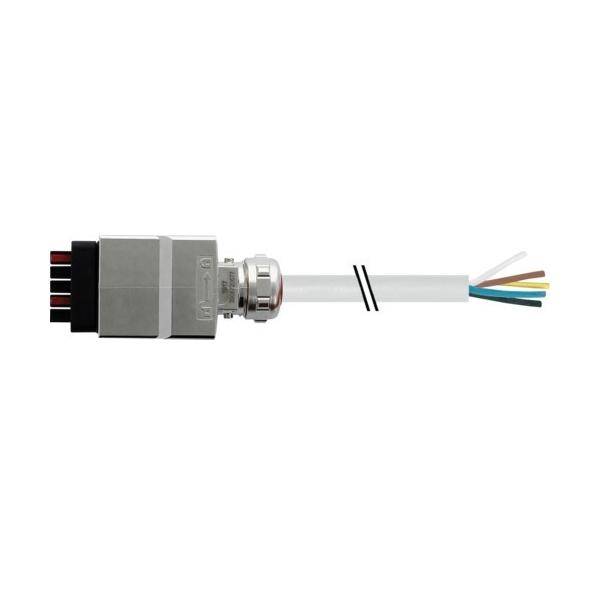 Industrieller Elektrokabelstecker mit einem weißen mehradrigen Kabel und freiliegenden farbigen Drähten auf der rechten Seite