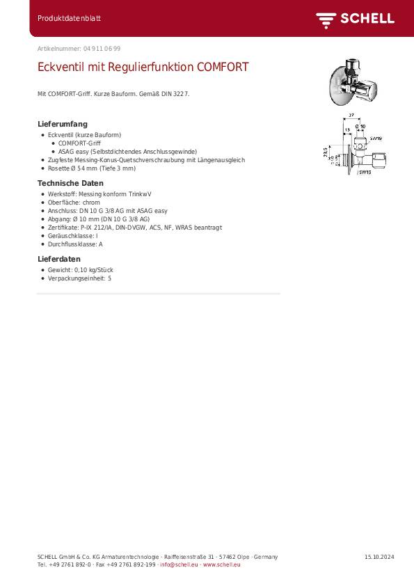 Schell Eckregulierventil COMFORT chrom, kurze Bauform 3/8Zollx3/8Zoll