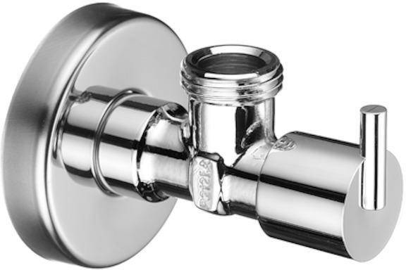 Eine Nahaufnahme eines glänzenden Metallrohrhahns mit einer runden Wandbefestigung und einem Gewindeende, der für Sanitärinstallationen verwendet wird.