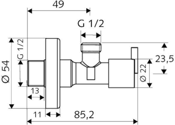 Technische Zeichnung eines Ventils mit Maßangaben: 49 mm und 85,2 mm Länge, Größe G 1/2, 22 mm Durchmesser. Zusätzliche Details dargestellt.