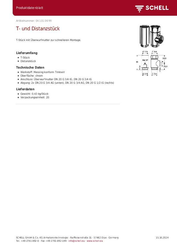 Schell T- und Distanzstück chrom, mit Überwurfmutter 3/4Zoll