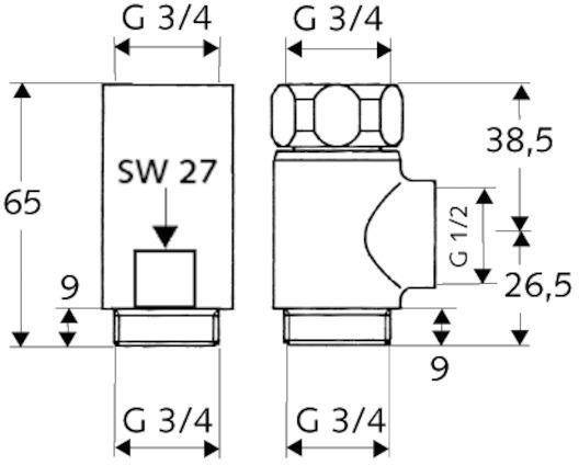 Schell T- und Distanzstück chrom, mit Überwurfmutter 3/4Zoll