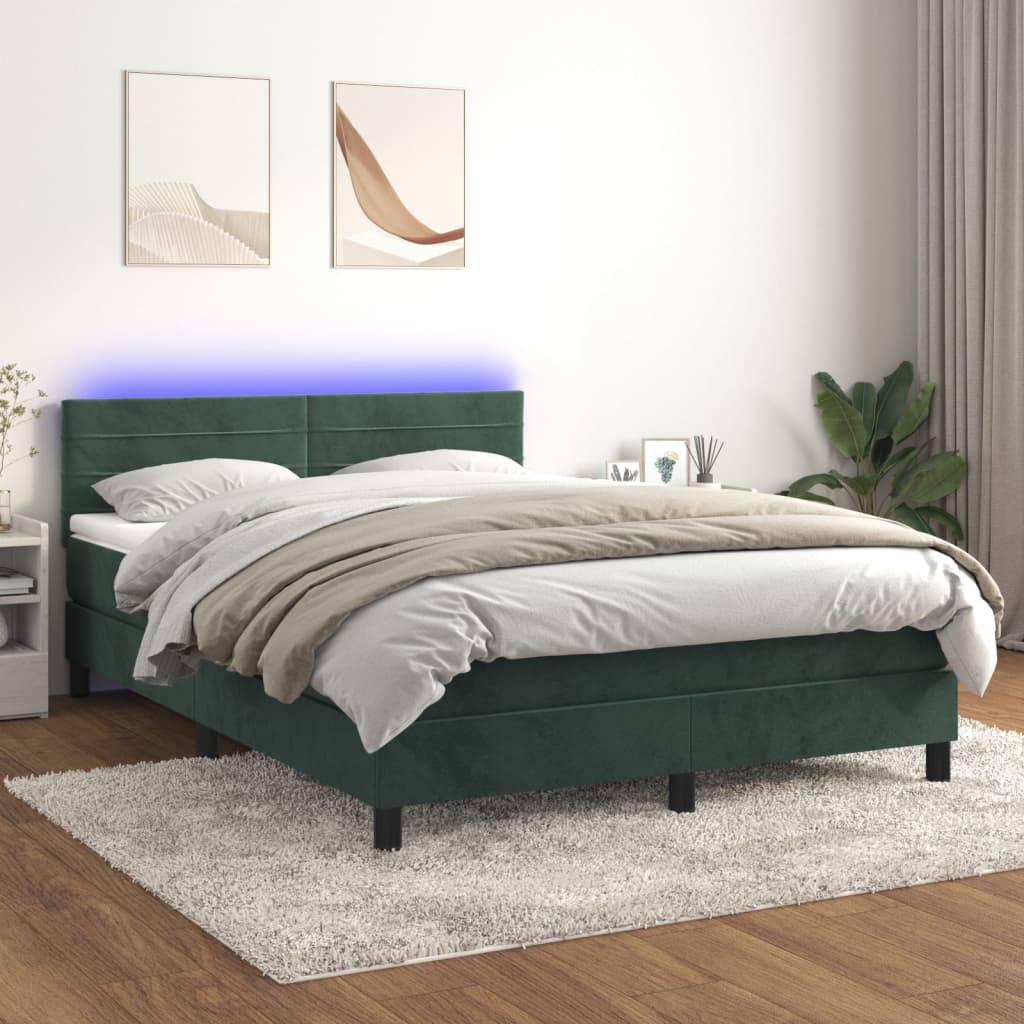 vidaXL Boxspringbett mit Matratze & LED Dunkelgrün 140x190 cm Samt