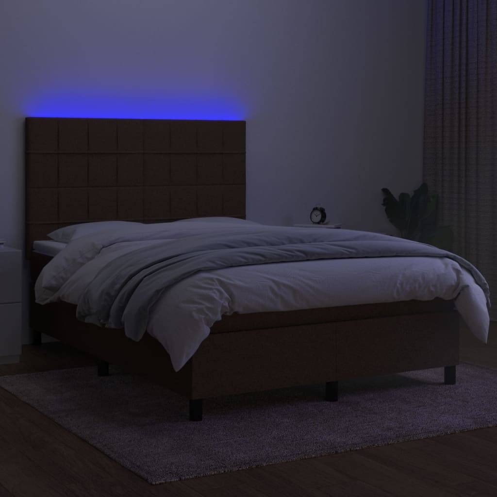 vidaXL Boxspringbett mit Matratze &amp; LED Dunkelbraun 140x190 cm Stoff