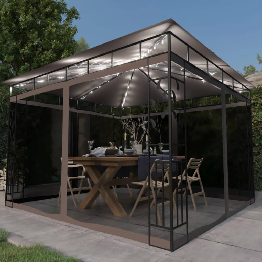 vidaXL Pavillon mit Moskitonetz & LED-Lichterkette 3x3x2,73 m Taupe