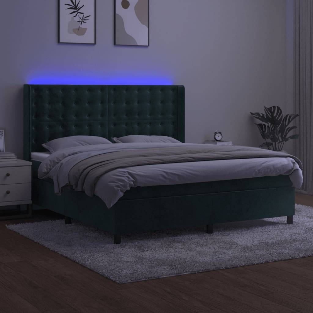 vidaXL Boxspringbett mit Matratze & LED Dunkelgrün 160x200 cm Samt