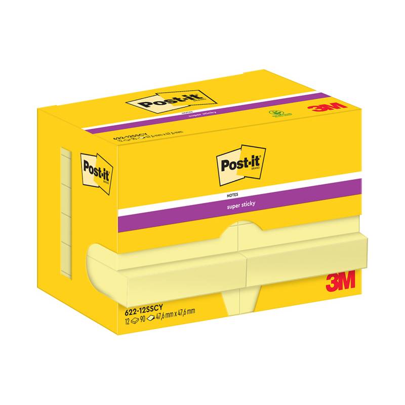 Ein Packung Post-it Super Sticky Notes in gelb mit einem lila Streifen auf der Verpackung, auf der das 3M-Logo und die Produktgröße von 76 mm x 76 mm abgebildet sind.
