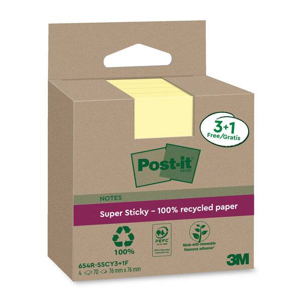 Haftnotiz Super Sticky 100% Recycling Notes - 76 x 76 mm gelb 3+1x 70 Blatt.