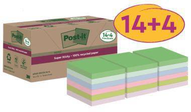 Packung Post-it Super Sticky Notizen mit 14+4er-Pack abgebildet, einschließlich mehrerer Pastell-Haftnotiz-Blöcke, die davor gestapelt sind