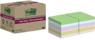 Schachtel mit Post-it Super Sticky Haftnotizen aus recyceltem Papier mit einem Stapel von pastellfarbenen Haftnotizblöcken in Grün, Blau, Rosa, Gelb und Weiß.