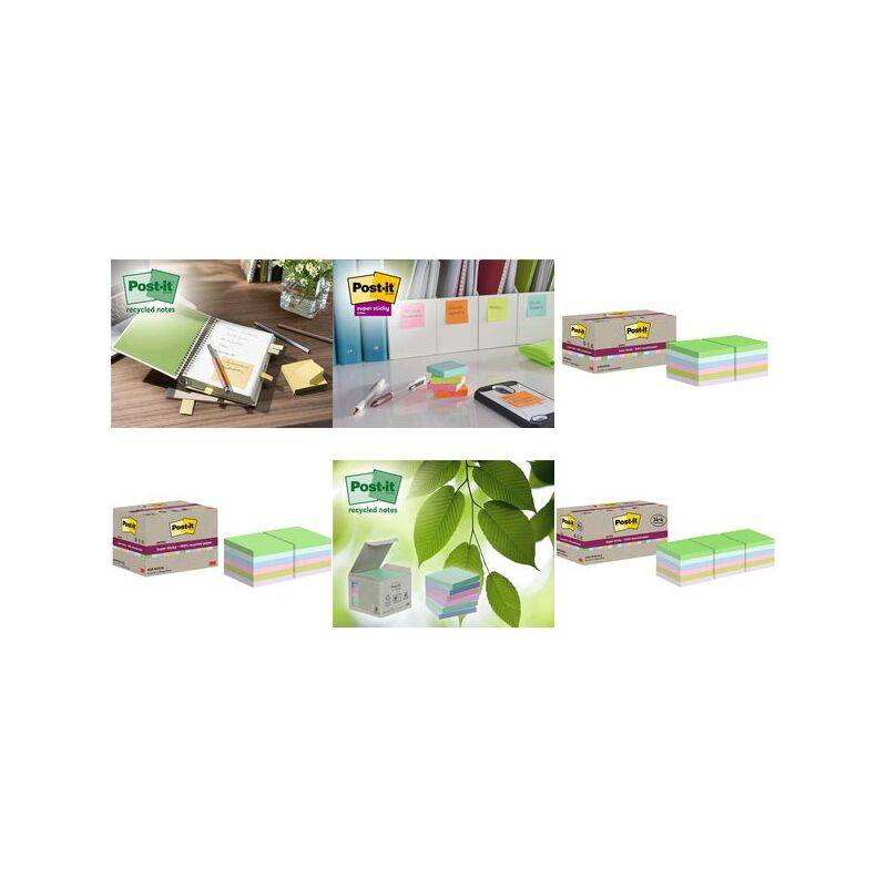 Verschiedene Post-it-Block-Packungen, die in unterschiedlichen Umgebungen präsentiert werden, darunter Schreibtisch-Arrangements und Nahaufnahmen. Grüne und pastellfarbene Töne dominieren.