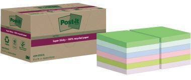 Packung Post-it Super Sticky Haftnotizen mit assortiertem Pastell-Notizblockkissen, die daneben gestapelt sind.