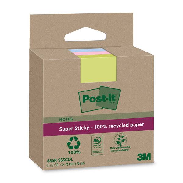 Haftnotiz Super Sticky 100% Recycling Notes - 76 x 76 mm sortiert 3x 70 Blatt.