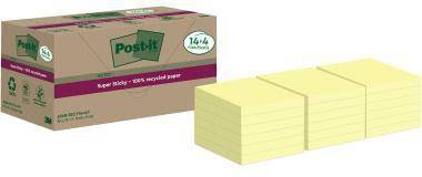 Post-it Super Sticky recycled Notizblöcke in einer Box neben drei Stapeln von hellgelben Haftnotizen auf weißem Hintergrund