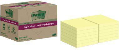Schachtel mit Post-it Super Sticky Notizklebern mit einem Stapel hellgelber Klebezetteln daneben.