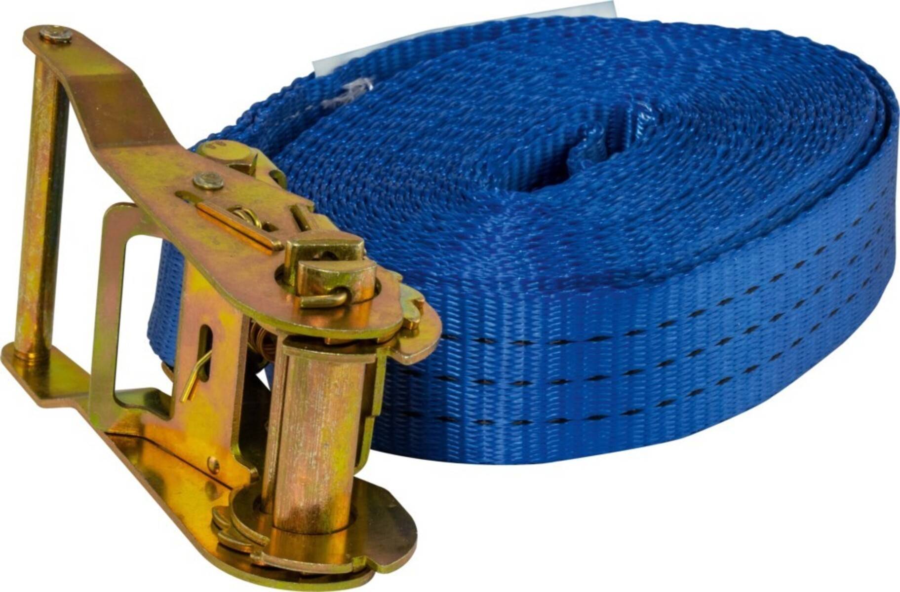 Blauer Ratschengurt mit metallener Spannschnalle auf weißem Hintergrund.