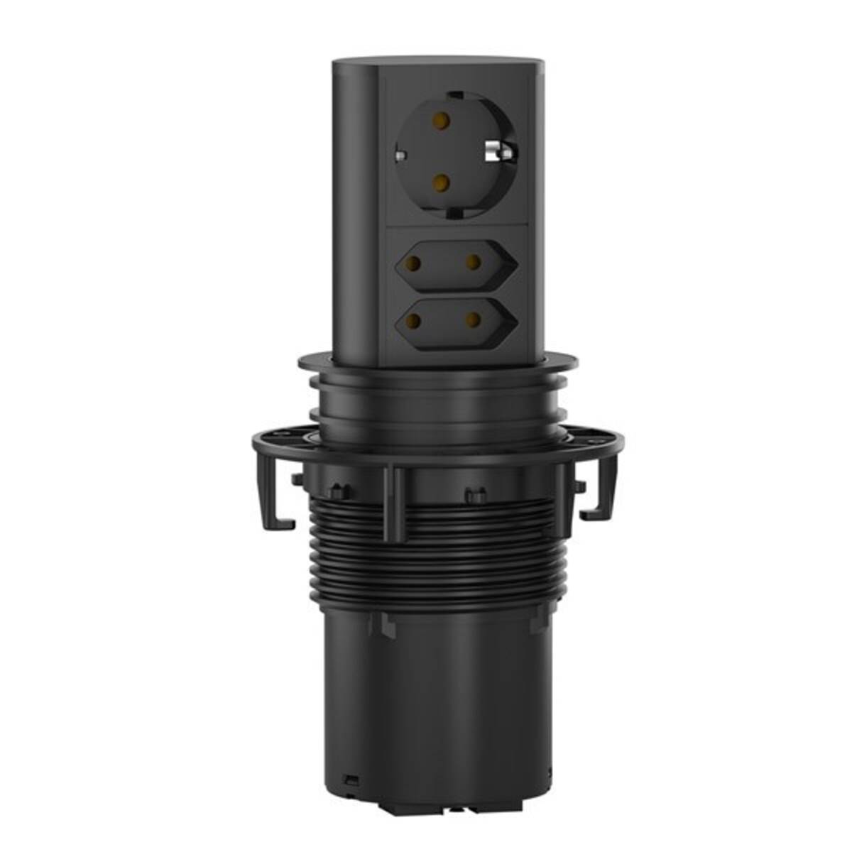 Schwarzes Elektropaneel-Steckmodul mit einer runden Steckdose und zwei kleineren Steckdosen, montiert auf einem Gewindezylinderstecker.