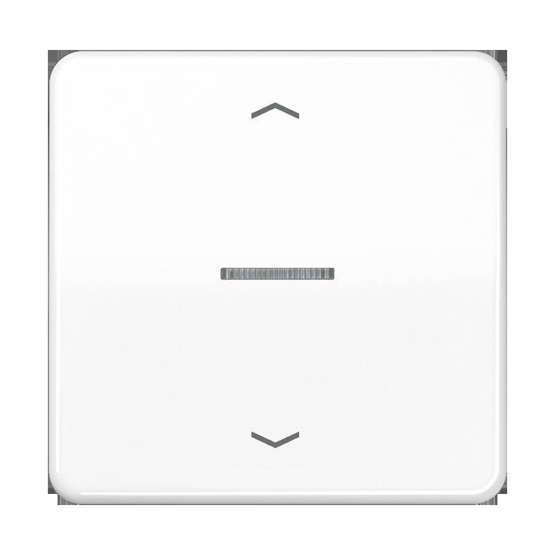 Ein quadratiger weißer Elektroschalter mit Pfeilen nach oben und unten, der üblicherweise zur Steuerung von Jalousien oder Rollläden verwendet wird.