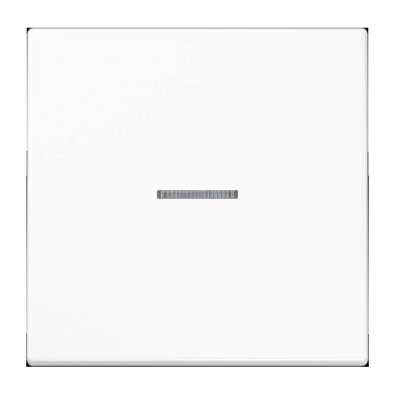 Ein weißer quadratischer Wandschalter mit einer kleinen horizontalen grauen Linie in der Mitte. Das Design ist minimalistisch und modern.