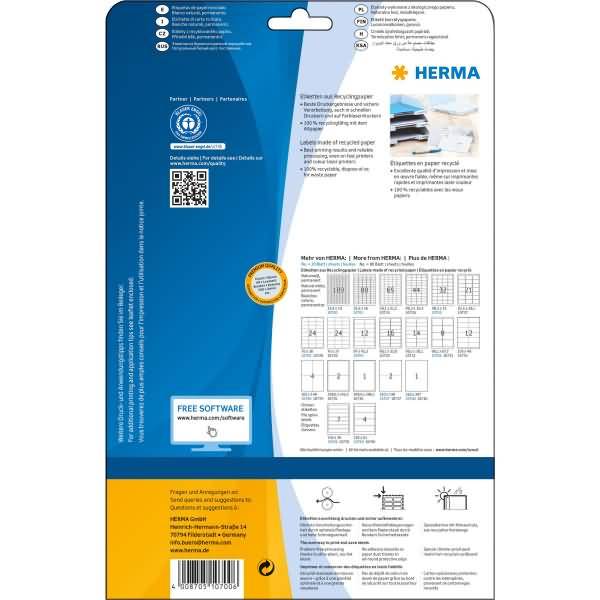 Rückseite der Verpackung für HERMA-Haftetiketten mit Produktdetails, QR-Code, Größentabelle, Recyclinginformationen und Hinweis auf kostenlose Software.