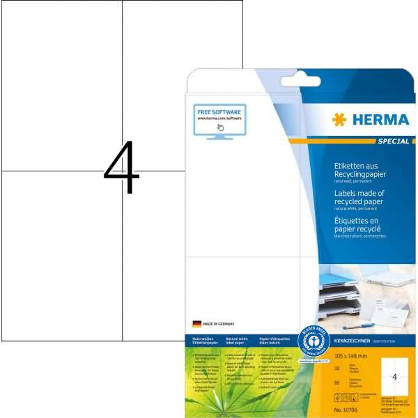 Etiketten Recyclingpapier A4 105x148mm weiß VE=20 Blatt/80 Stück