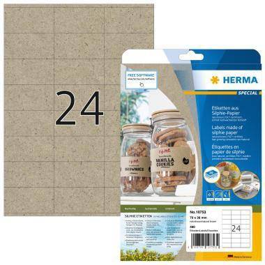 Packung Herma Spezialetikett, bestehend aus 24 braunen Etiketten aus recyceltem Papier mit Druckraster und Abmessungen von 70 x 36 mm.