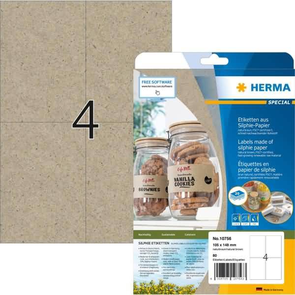 Packung mit HERMA Spezialetiketten aus Silphiepapier, mit einer Packung von 80 druckbaren Etiketten, Größe 105 x 148 mm, mit Gläsern und der Nummer 4 als Beispiel-Drucklayout.