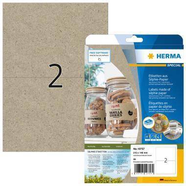 Packung HERMA Spezial-Selbstklebeetiketten aus Siffle-Papier, mit einer Musteretikettenfolie, auf der eine große Nummer 2 abgebildet ist.