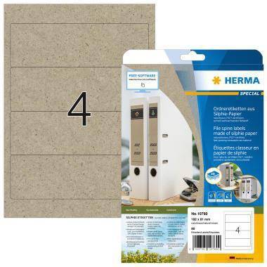 Ein braunes Etikettenetikett für Ordnerrücken mit großem schwarzem '4' neben HERMA-Verpackung für selbstklebende Ordnerrückenetiketten.