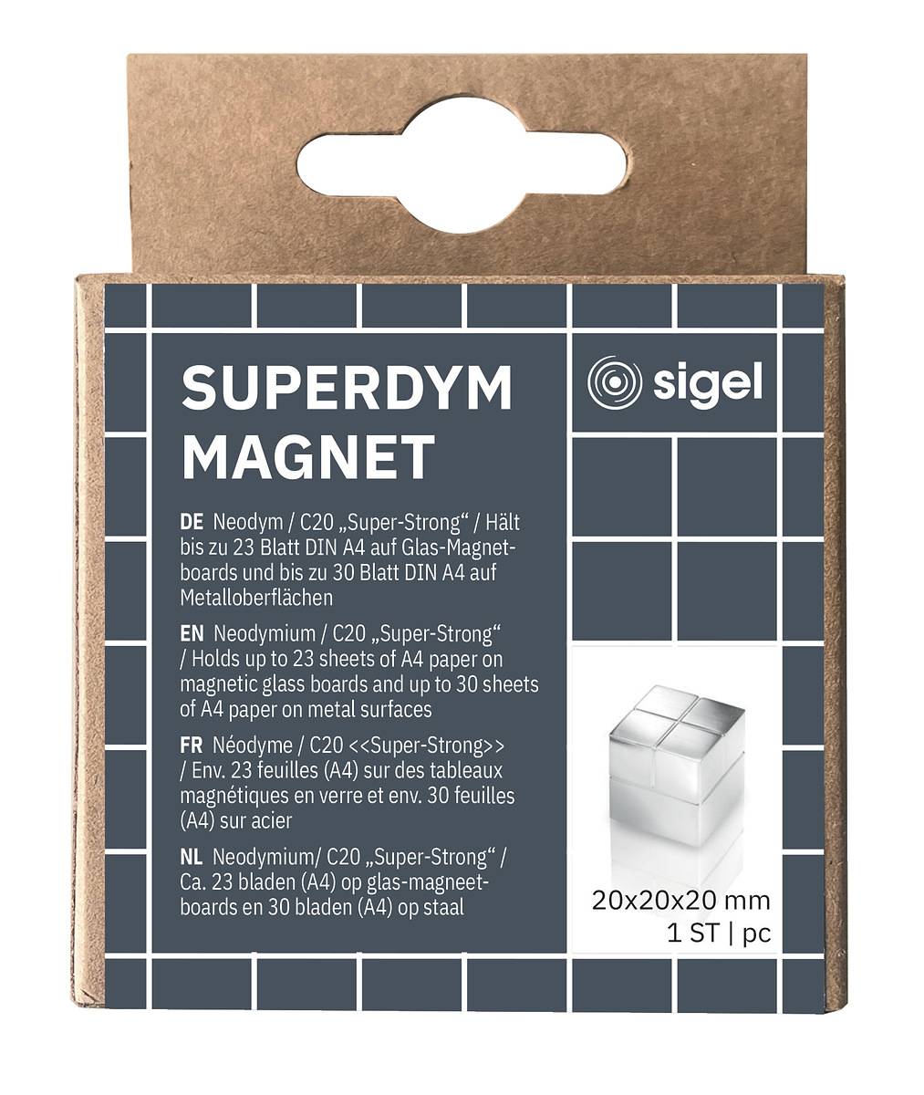SIGEL BA196 SuperDym-Magnet C20 "Super-Strong" - bis zu 23 Bl. (A4, 80g/m²) - Cube-Design - 20x20 mm - silber - 1 Stück