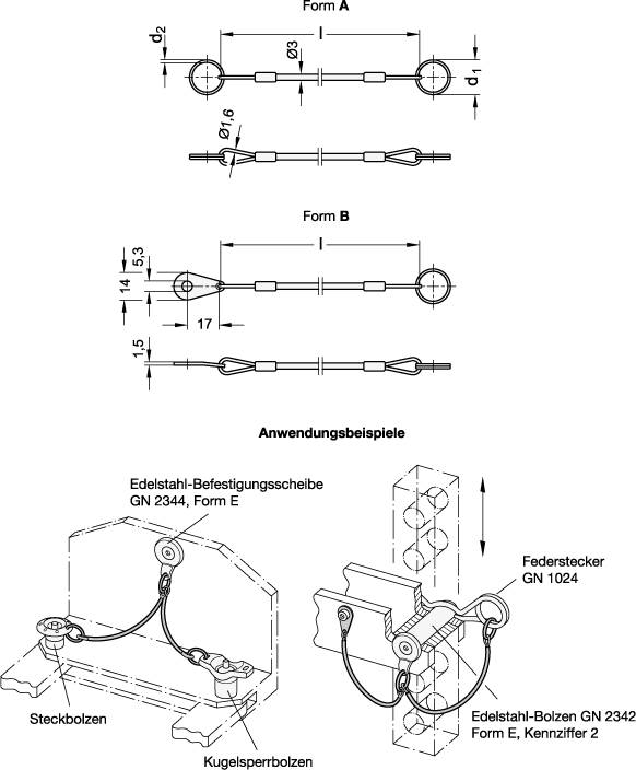 Halteseil 200 mm, Form A - mit 2 Schlüsselringen, transparen