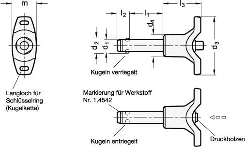 EDELSTAHL-KUGELSPERRBOLZEN MIT KUNSTSTOFF-T-GRIFF