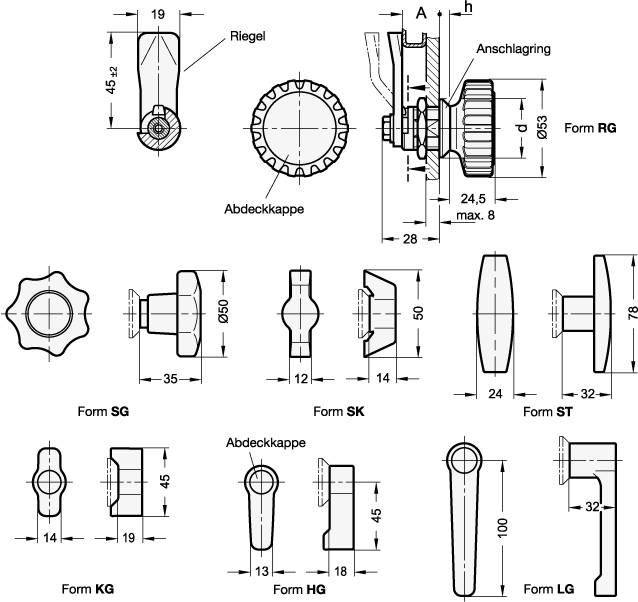 Verriegelung mit Riegelabstand 24 mm, Form SG - mit Sterngri