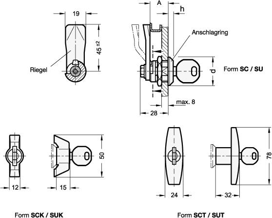 VERRIEGELUNG MIT T-GRIFF, SCHLOSS UNTERSCHIEDLICH