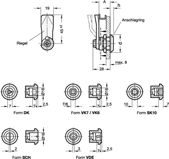 Verriegelung, VDE mit Doppelbart, Abstand 28 mm, Stahl verzi