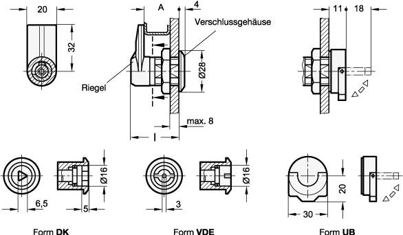 Verriegelung, Form UB- mit umlegbarem Griff, Riegelabstand 3