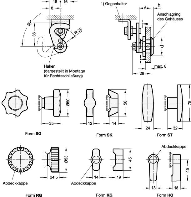 HAKEN-VERRIEGELUNG MIT RÄNDELGRIFF UND GEGENHALTER