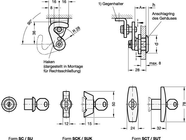 Hakenverriegelungen, Form SCT- Betätigung mit T-Griff, ohne