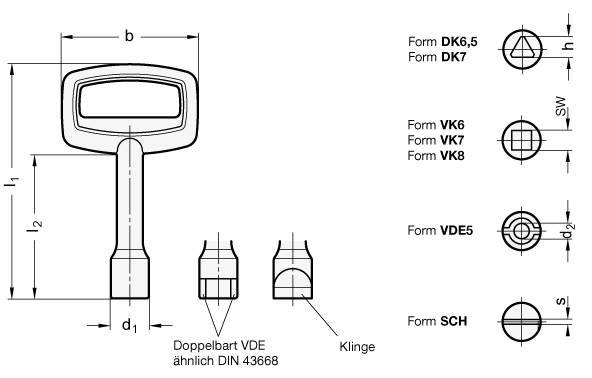 Steckschlüssel für Türverriegelung, 86 mm lang, Betätigung m