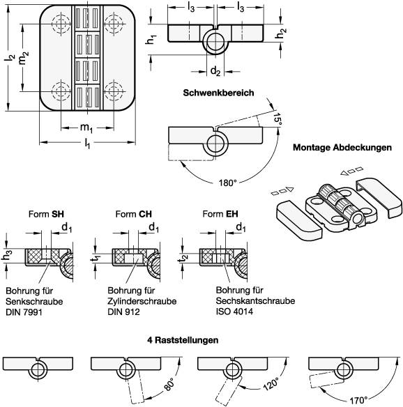 Scharnier 45 x 50 mm, Form SH - 2x2 Bohrungen für Senkschrau