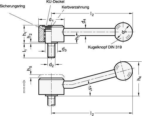 Verstellbarer Flachspannhebel 32, Außengewinde M8, Form E -