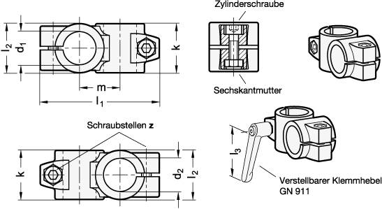 Kreuz Klemmverbinder Bohrung 25 x 25, Klemmbereich 40 mm, Al